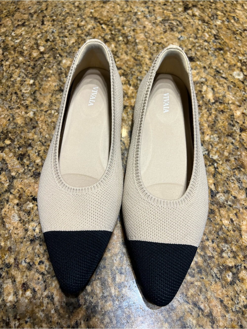 Vivaia Beige and Black Pointed Knit Ballet Flats